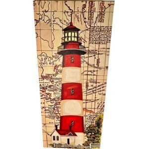 Americana Lighthouse W/Map BG Canvas Wall Art Print, Lighthouse Home Decor EC